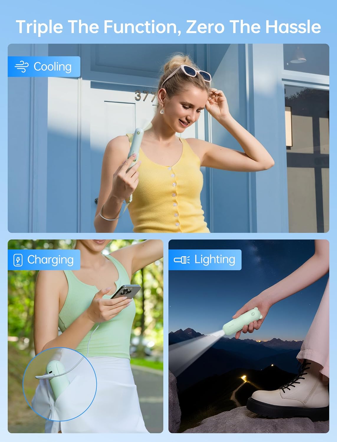 Handheld Mini Fan (Green), 3-in-1 USB Rechargeable Portable Fan with Power Bank & Flashlight, Pocket Design for Travel & Summer