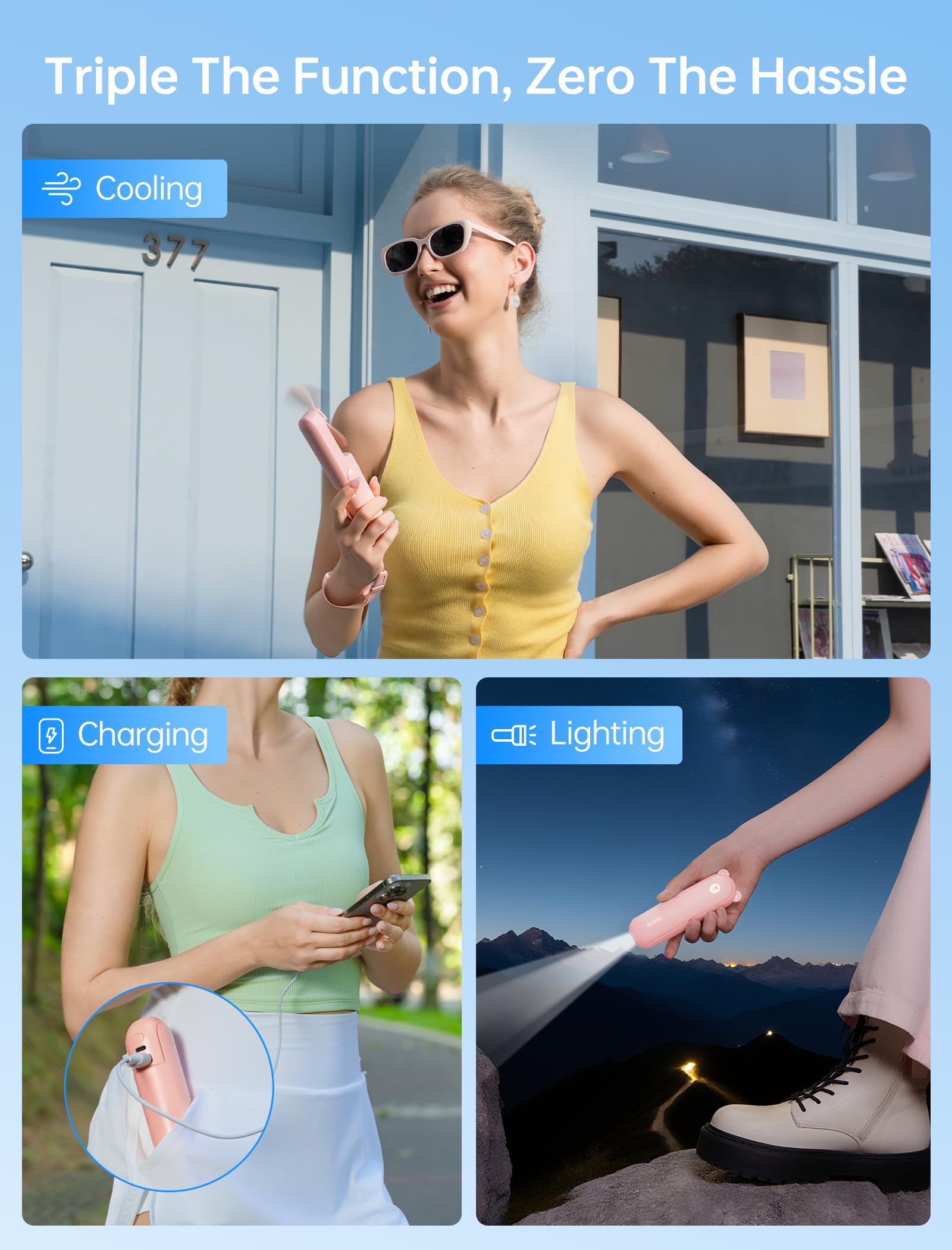 Handheld Mini Fan (Pink), 3-in-1 USB Rechargeable Portable Fan with Power Bank & Flashlight, Pocket Design for Travel & Summer