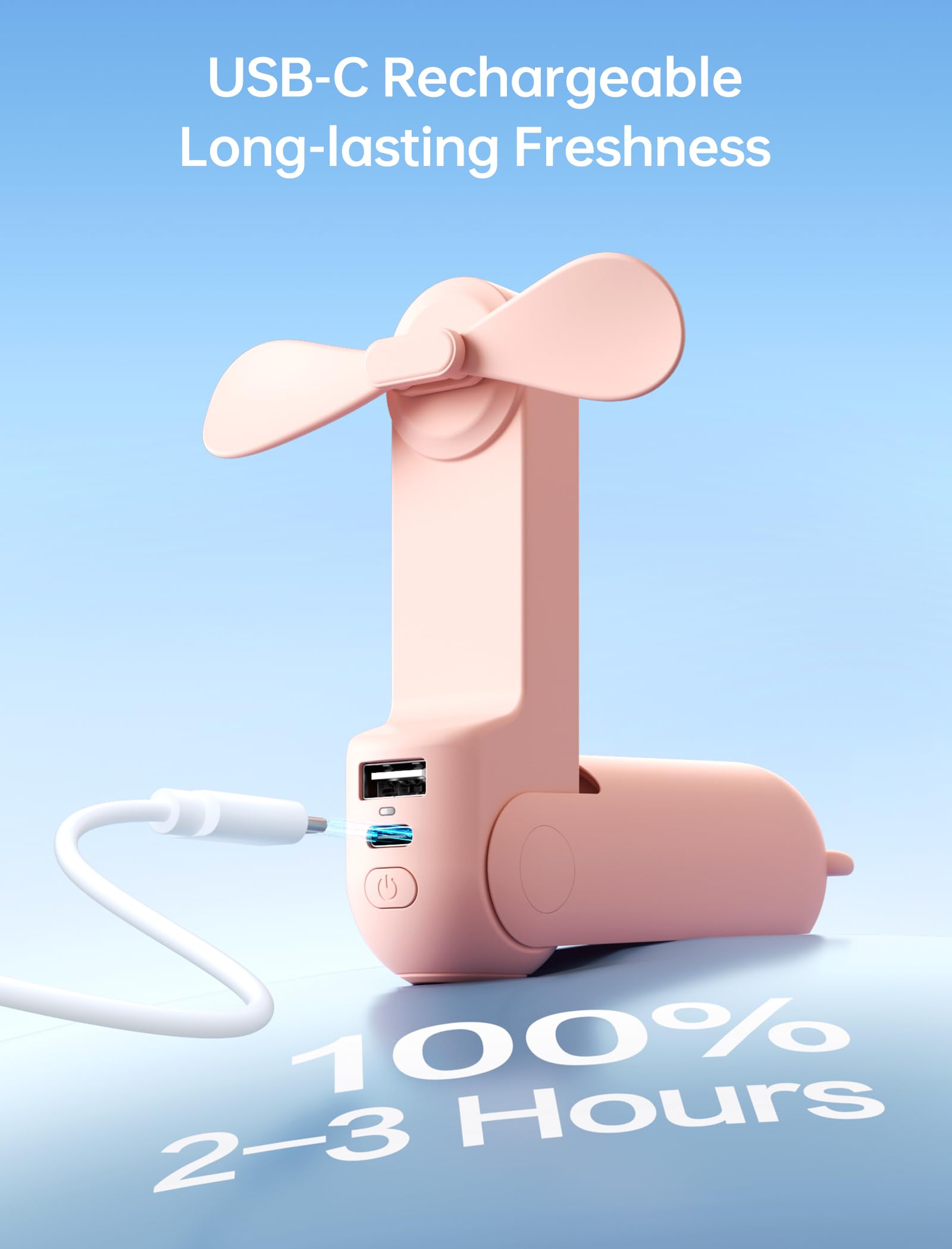 Handheld Mini Fan (Pink), 3-in-1 USB Rechargeable Portable Fan with Power Bank & Flashlight, Pocket Design for Travel & Summer