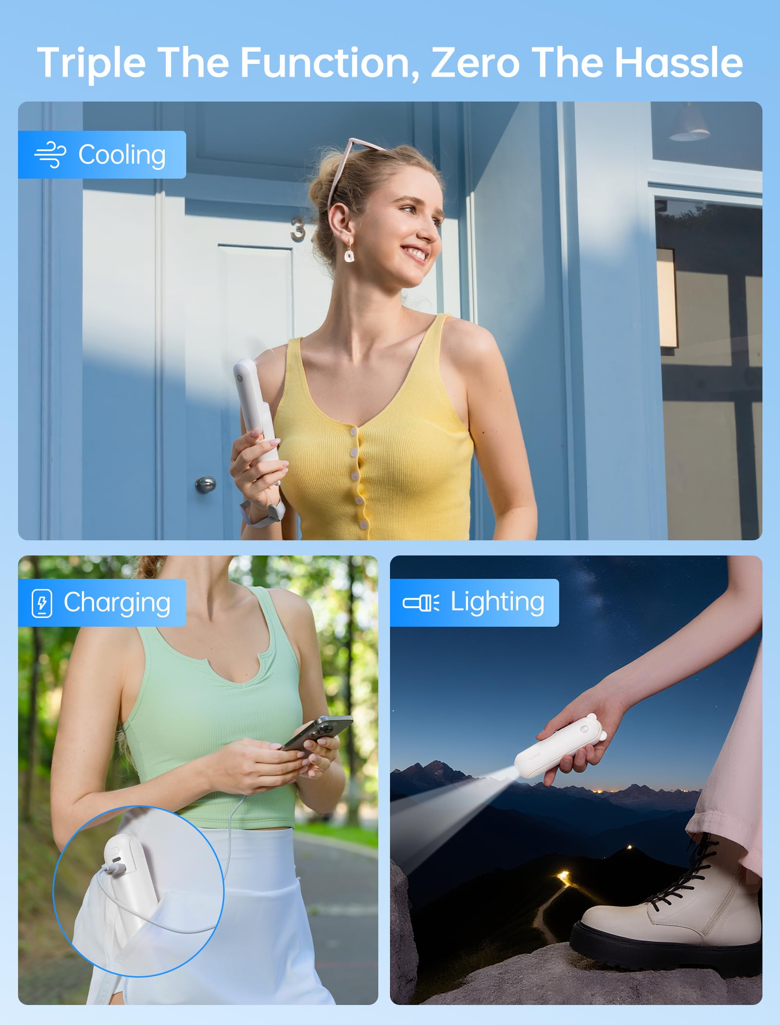 Handheld Mini Fan (White), 3-in-1 USB Rechargeable Portable Fan with Power Bank & Flashlight, Pocket Design for Travel & Summer