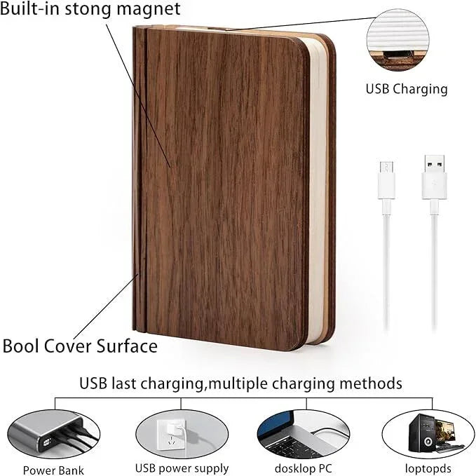 Christmas giftsRechargeable LED Book Night Light: Creative Folding Wooden Lamp with Magnetic Design for Bedrooms & Gifting(Walnut Black,S)