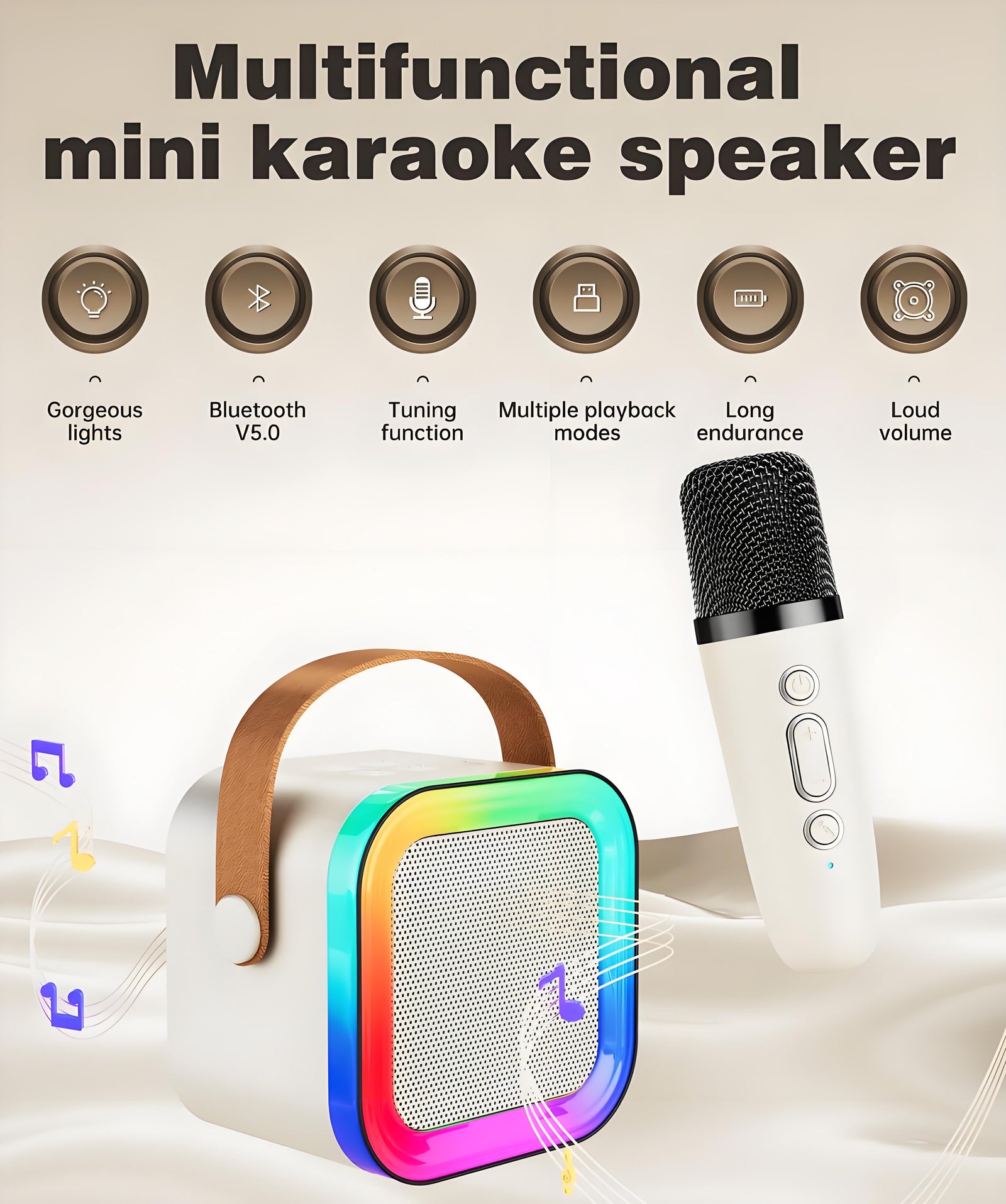 Off-White Mini Karaoke Machine with 2 Wireless Microphones: Portable Bluetooth Speaker for Kids & Adults, Ideal Gift for All Occasions
