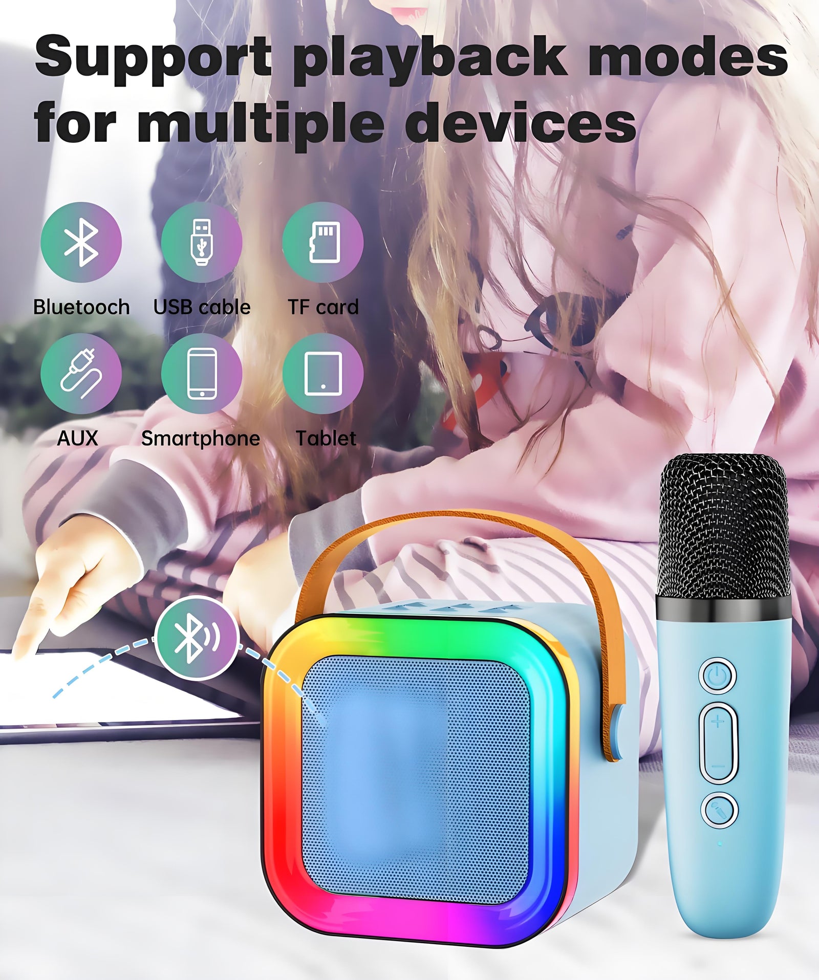 Black Mini Karaoke Machine with 2 Wireless Microphones: Portable Bluetooth Speaker for Kids & Adults, Ideal Gift for All Occasions