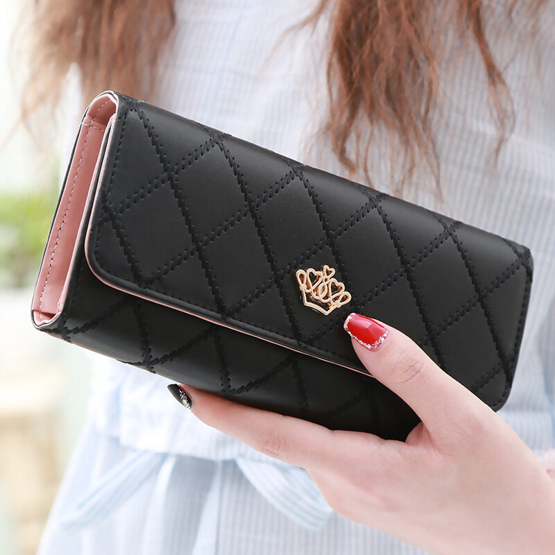 Women's Quilted Leather Wallet, Stylish Long Clutch with Heart Accent, for Cards & Cash Organization（black）
