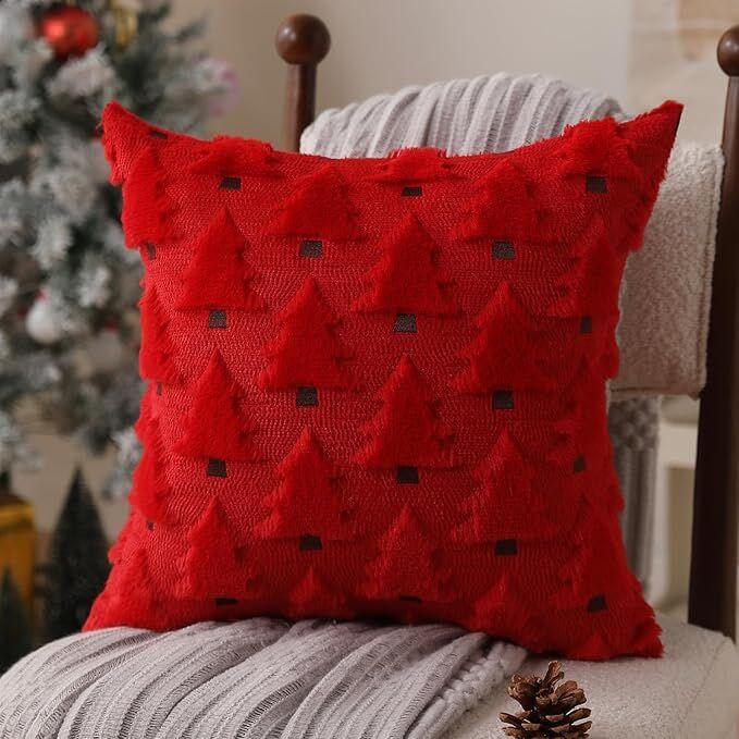 Christmas Pillow Covers 18x18 inch Set of 2 Black Christmas Decorations Soft Plush Faux Fur Wool Xmas Tree Throw Pillow Cases Winter Holiday Decor for Sofa Living Room
