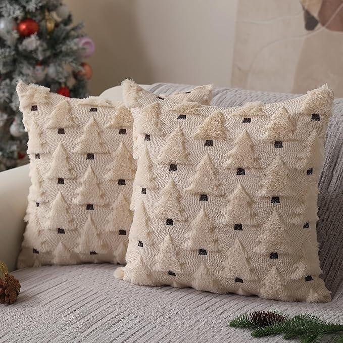 Christmas Pillow Covers 18x18 inch Set of 2 Black Christmas Decorations Soft Plush Faux Fur Wool Xmas Tree Throw Pillow Cases Winter Holiday Decor for Sofa Living Room