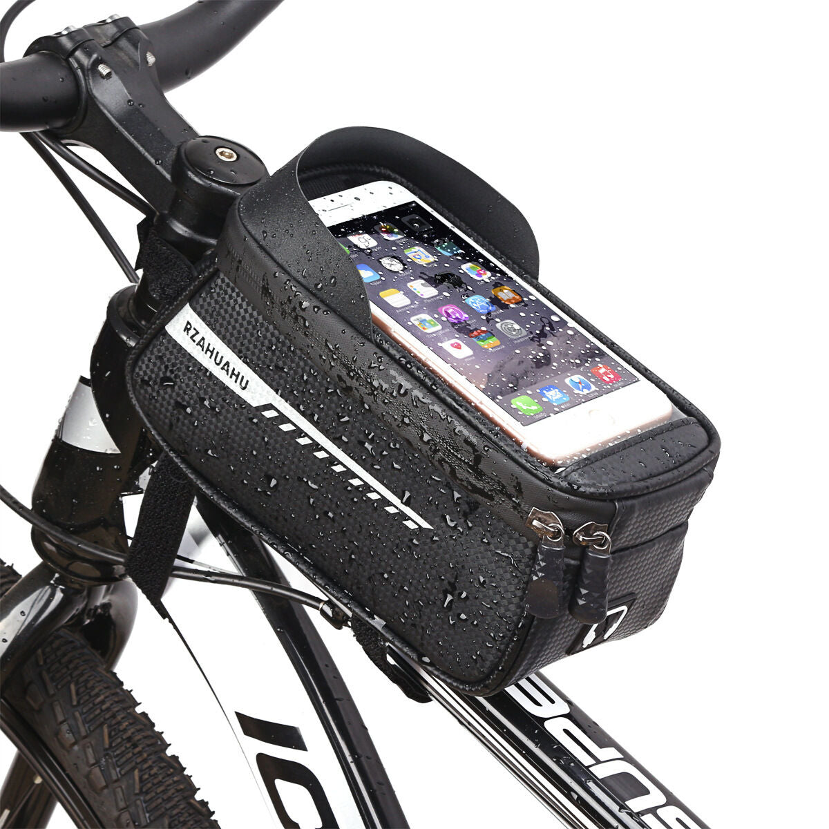Black Waterproof Bike Frame Bag with Touchscreen & Reflective Details: 6.5" Phone Compatibility, Aussie Cyclist Essential
