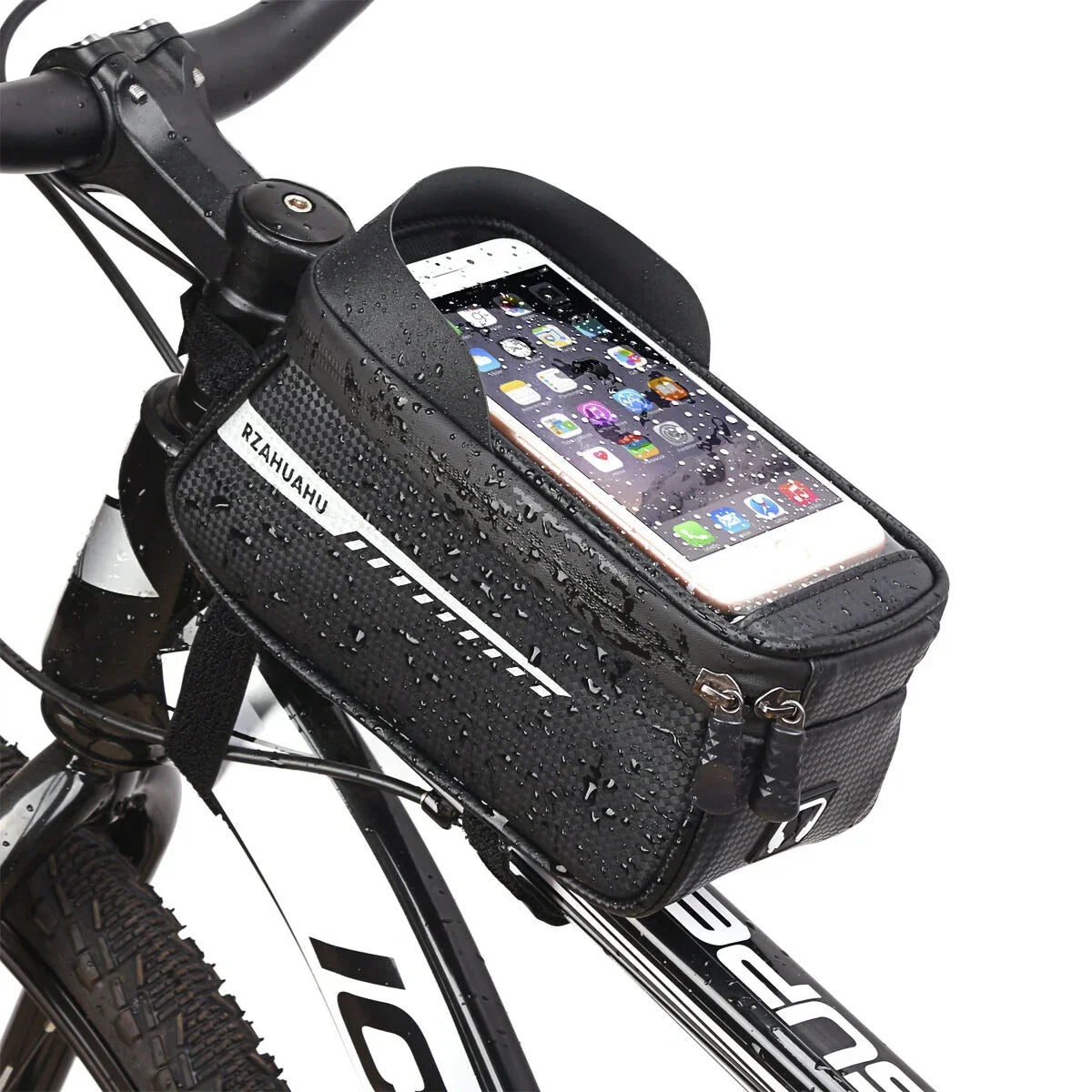 Black Waterproof Bike Frame Bag with Touchscreen & Reflective Details: 6.5