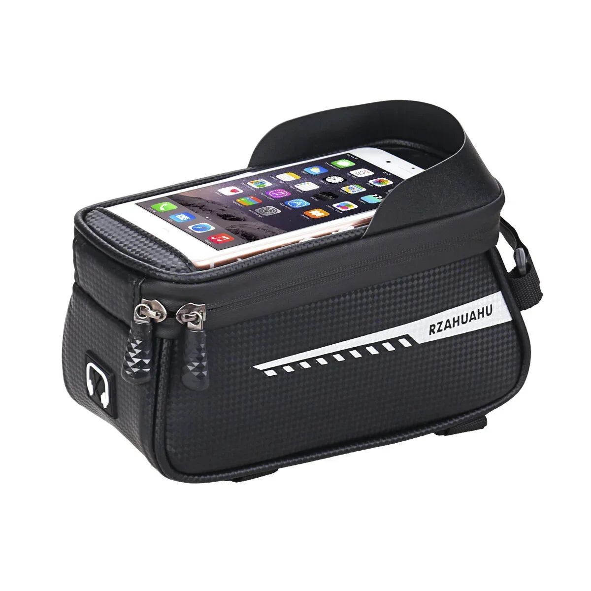 Black Waterproof Bike Frame Bag with Touchscreen & Reflective Details: 6.5