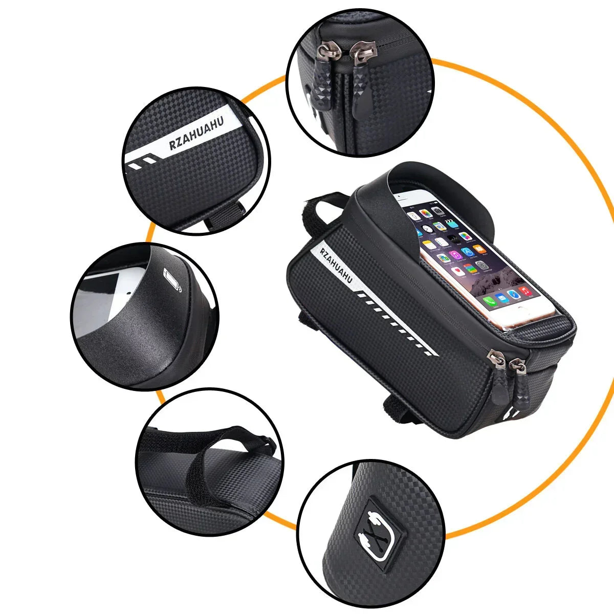 Black Waterproof Bike Frame Bag with Touchscreen & Reflective Details: 6.5