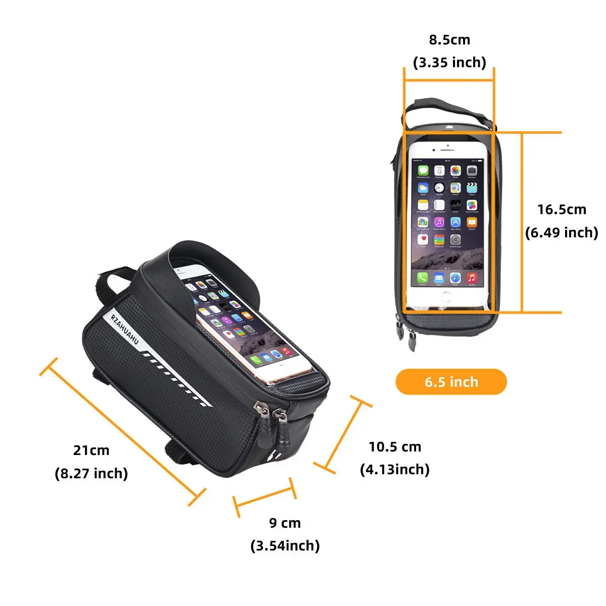 Black Waterproof Bike Frame Bag with Touchscreen & Reflective Details: 6.5