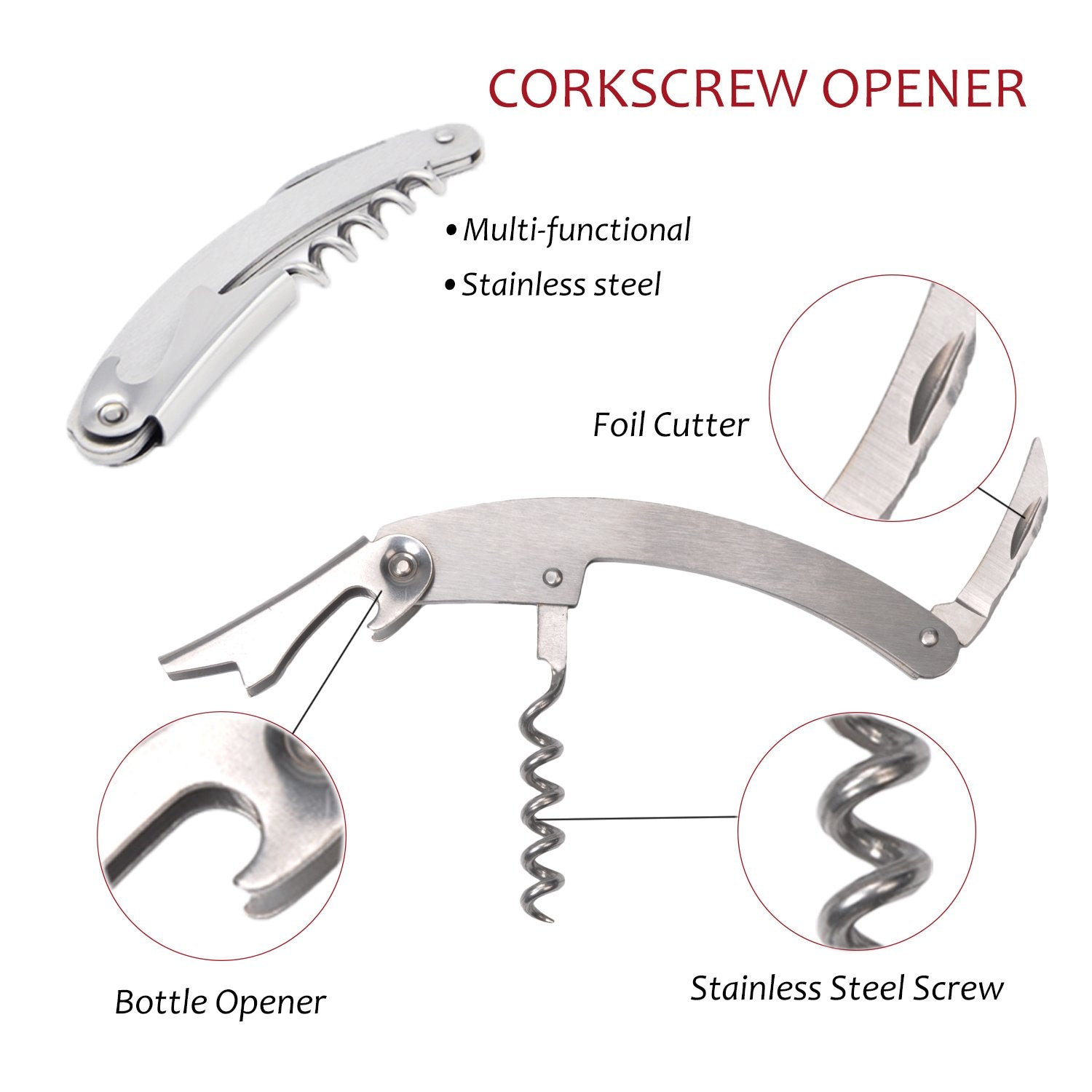 Wine Accessories Gift Set (Black), 5-Piece Bottle Corkscrew Opener Kit with Novelty Bottle-Shaped Case, Valentine's Day Gift for Wine Lovers