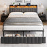 King Bed Frame with 2 Storage Drawers and LED Lights Headboard, Upholstered Bed Frame with Charging Station, No Box Spring Needed, Easy Assembly - Grey