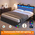 King Bed Frame with 2 Storage Drawers and LED Lights Headboard, Upholstered Bed Frame with Charging Station, No Box Spring Needed, Easy Assembly - Grey