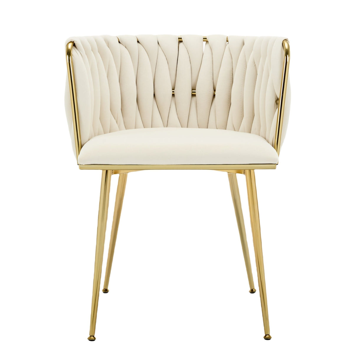 Set of 2 Velvet Upholstered Woven Dining Chairs with Golden Metal Legs, Beige