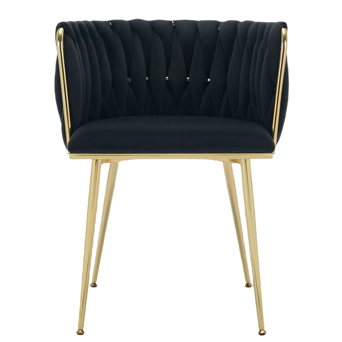 Set of 2 Velvet Upholstered Woven Dining Chairs with Golden Metal Legs, Black