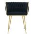 Set of 2 Velvet Upholstered Woven Dining Chairs with Golden Metal Legs, Black