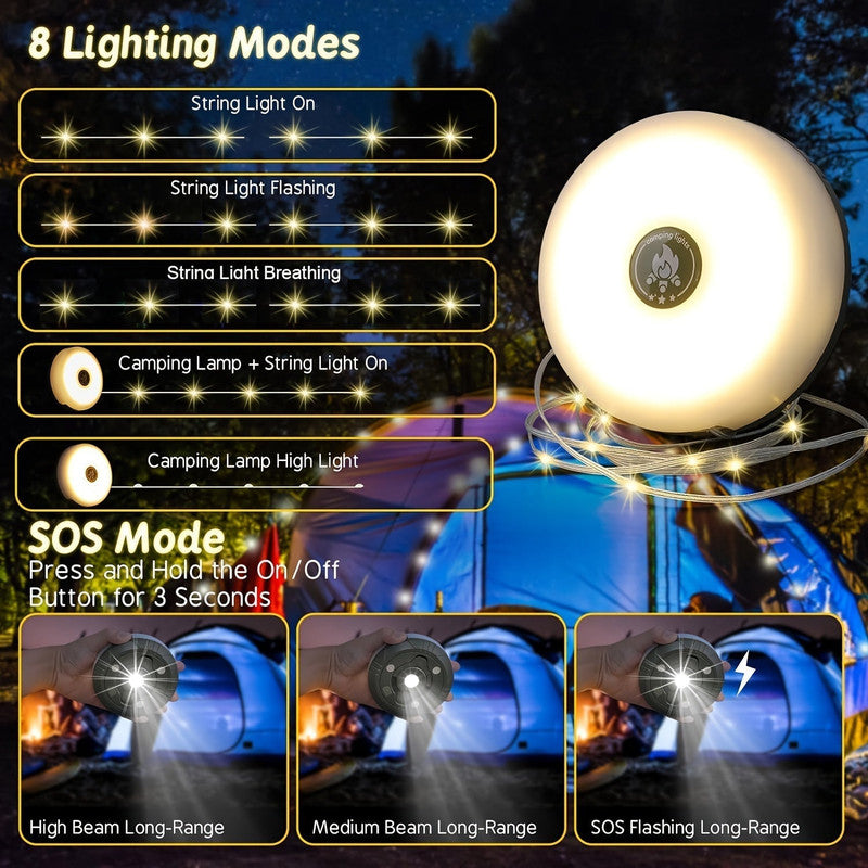 Rechargeable Camping String Lights, 5 Modes, 2000mAh Lithium Battery Set