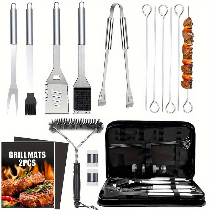 17-Piece Stainless Steel BBQ Grill Accessories Set with Mats and Brush