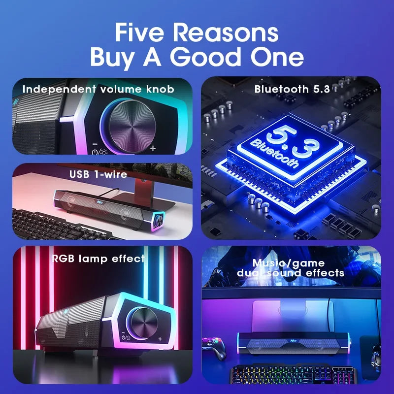 Computer Bluetooth RGB Light Speaker in Black, 4D Stereo Sound, USB Set