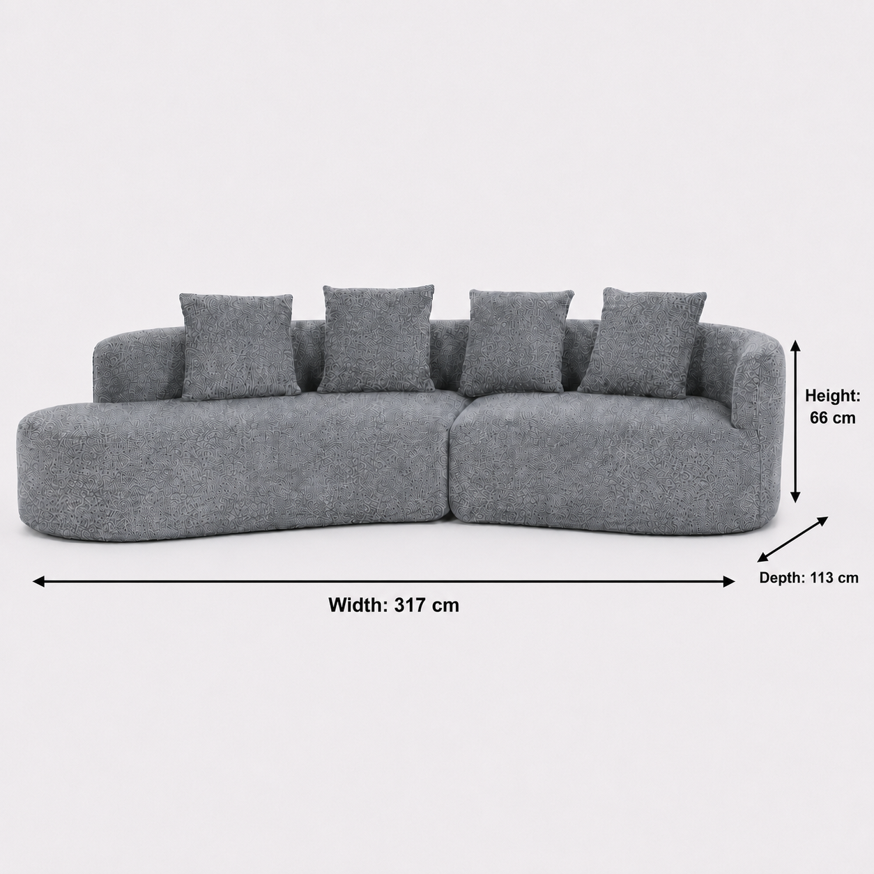 Arco 3 Seater Compressed Sofa Ribbed Fabric 30D Foam Dark Grey