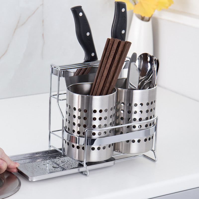 Stainless Steel Kitchen Tableware Storage Rack, With Knife Rack,Spoon And Chopstick Rack-Silver