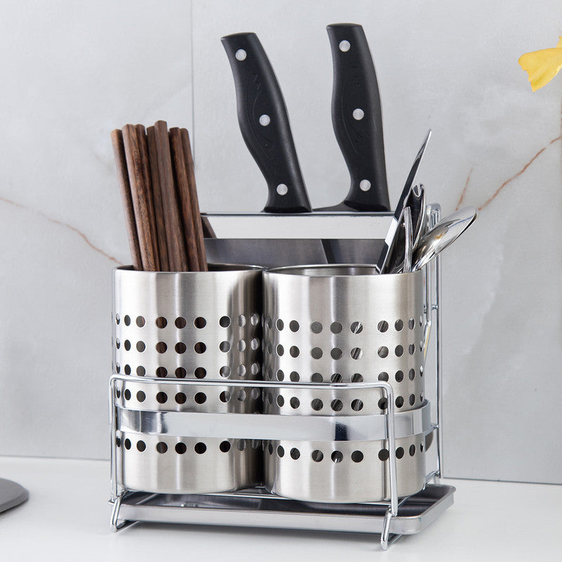 Stainless Steel Kitchen Tableware Storage Rack, With Knife Rack,Spoon And Chopstick Rack-Silver