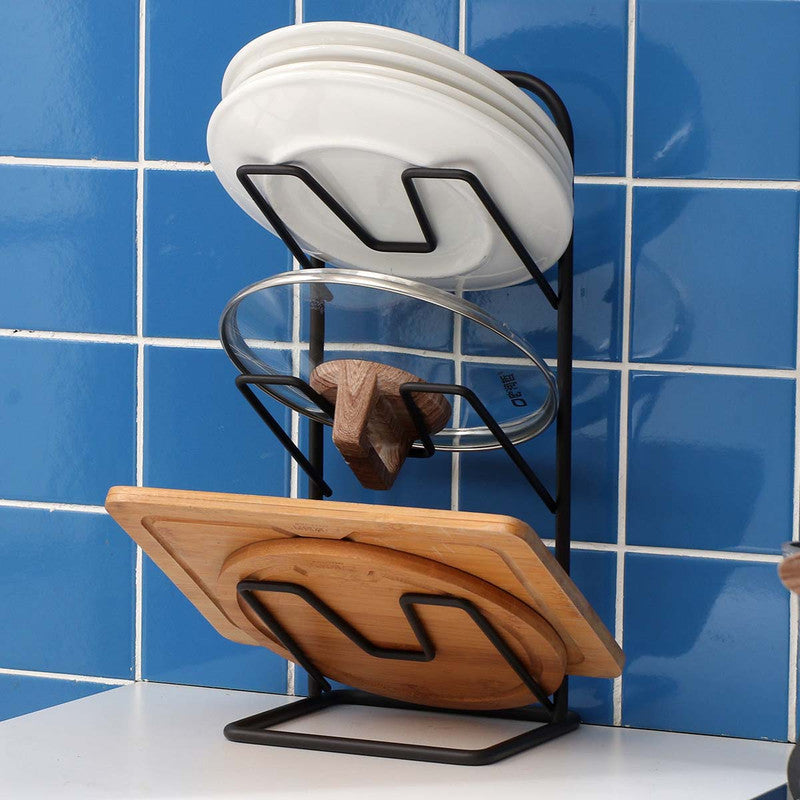 Three-layer Pot Lid Rack Kitchen Countertop Organizer for Cutting Board-Black