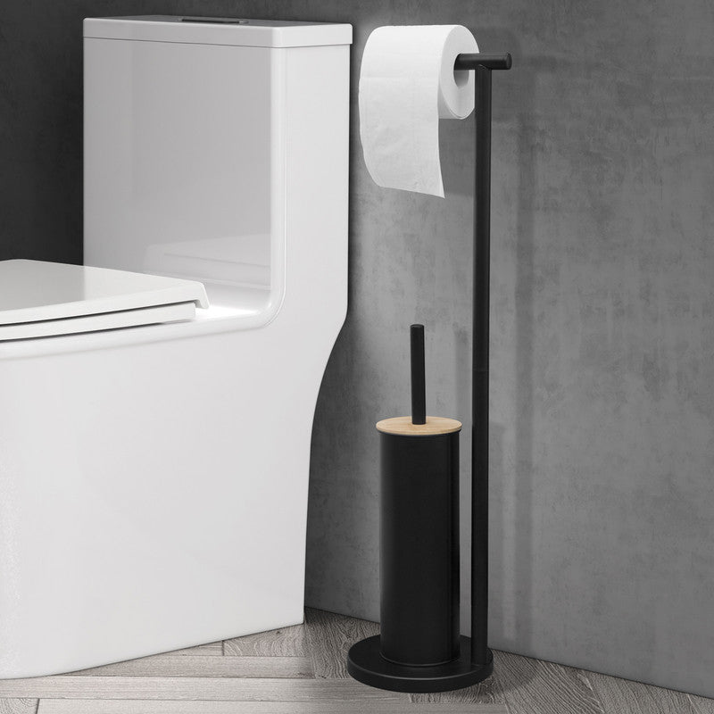 2-in-1 Iron Floor Standing Roll Paper Holder and Bamboo Lid Toilet Brush For Bathroom and Toilet-Black