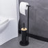 2-in-1 Iron Floor Standing Roll Paper Holder and Bamboo Lid Toilet Brush For Bathroom and Toilet-Black