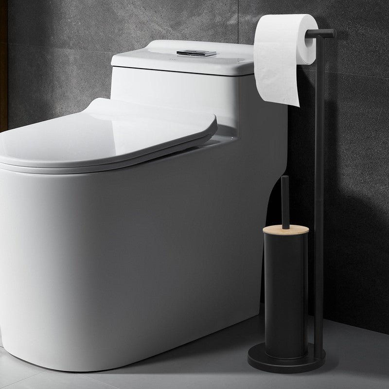 2-in-1 Iron Floor Standing Roll Paper Holder and Bamboo Lid Toilet Brush For Bathroom and Toilet-Black