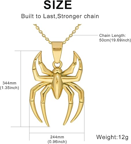 Spider Pendant Necklace Surgical Steel Superhero Spiderman Jewelry for Kids- Gold-A