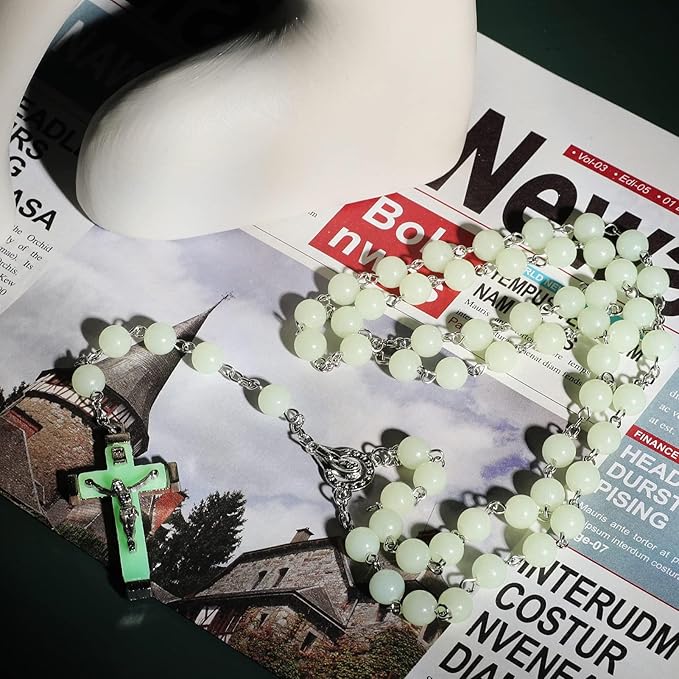 Rosary Beads Catholic - Green Rosaire Glow in the Dark Cross Necklace for Men Women-Green