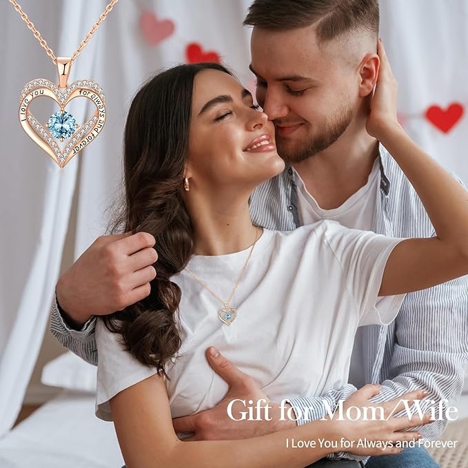 18K Rose Gold Necklaces for Women, 925 Sterling Silver Gifts for Mothers Day, Jewelry for Wife Mom Her Girlfriend, Birthstone Diamond Necklace for Birthday Anniversary, Heart Pendant Jewelry-MAR