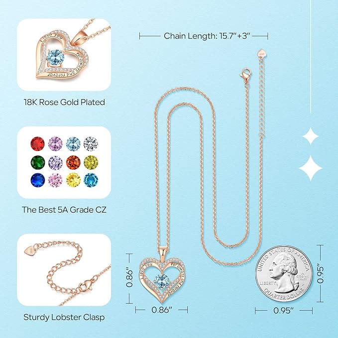 18K Rose Gold Necklaces for Women, 925 Sterling Silver Gifts for Mothers Day, Jewelry for Wife Mom Her Girlfriend, Birthstone Diamond Necklace for Birthday Anniversary, Heart Pendant Jewelry-MAR