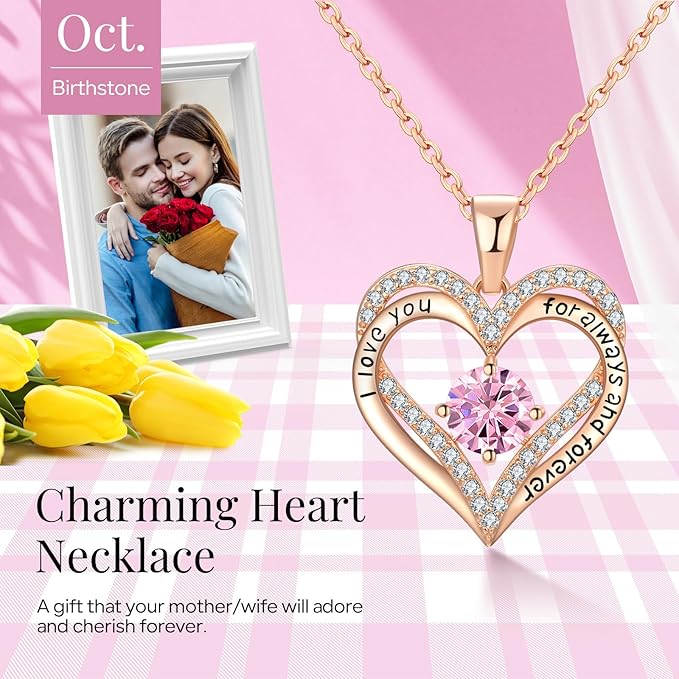 18K Rose Gold Necklaces for Women, 928 Sterling Silver Gifts for Mothers Day, Jewelry for Wife Mom Her Girlfriend, Birthstone Diamond Necklace for Birthday Anniversary, Heart Pendant Jewelry-OCT