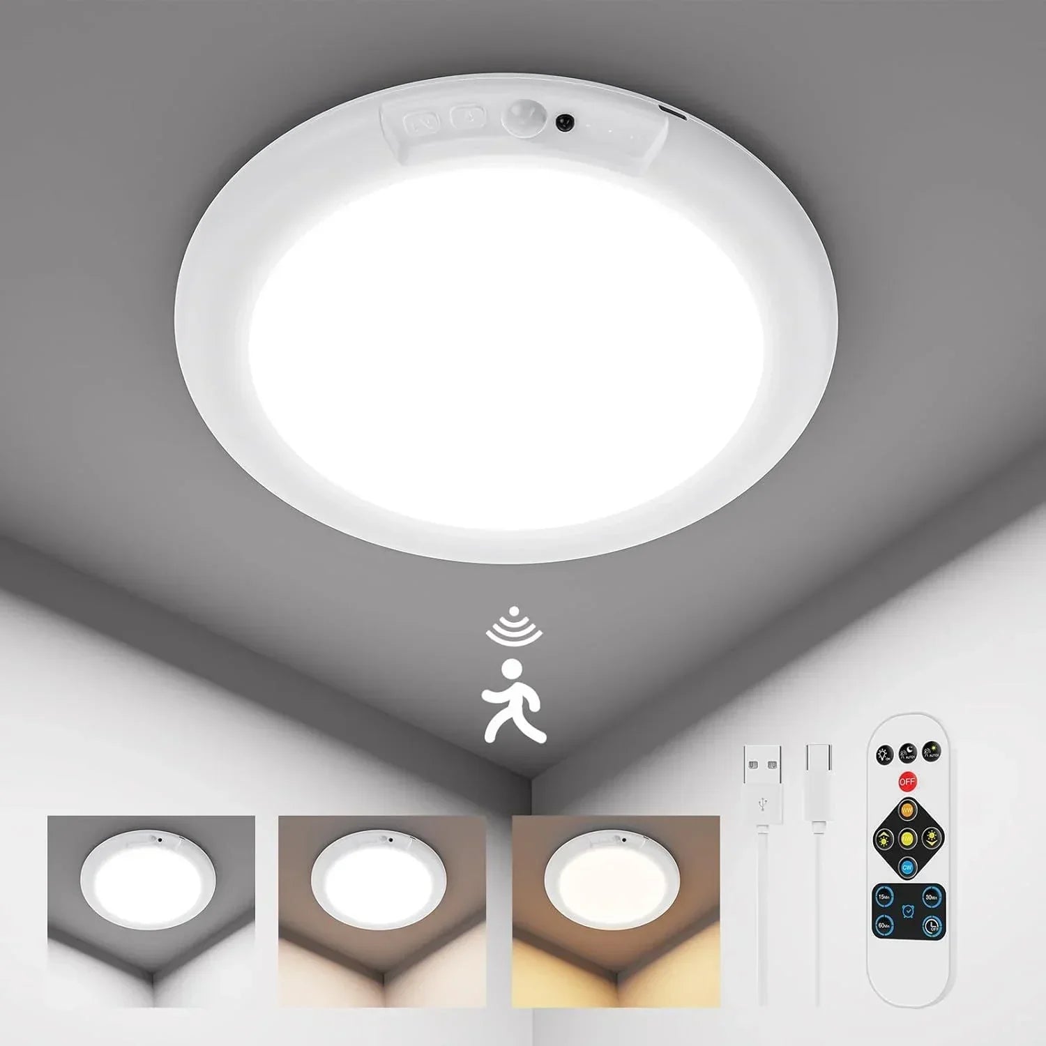 Rechargeable Motion Sensor Ceiling Light with Remote, Battery Ceiling Light Wireless, 3 Colors Dimmable Indoor Overhead LED Lights for Closet Shower Pantry Shed Hallway Porch