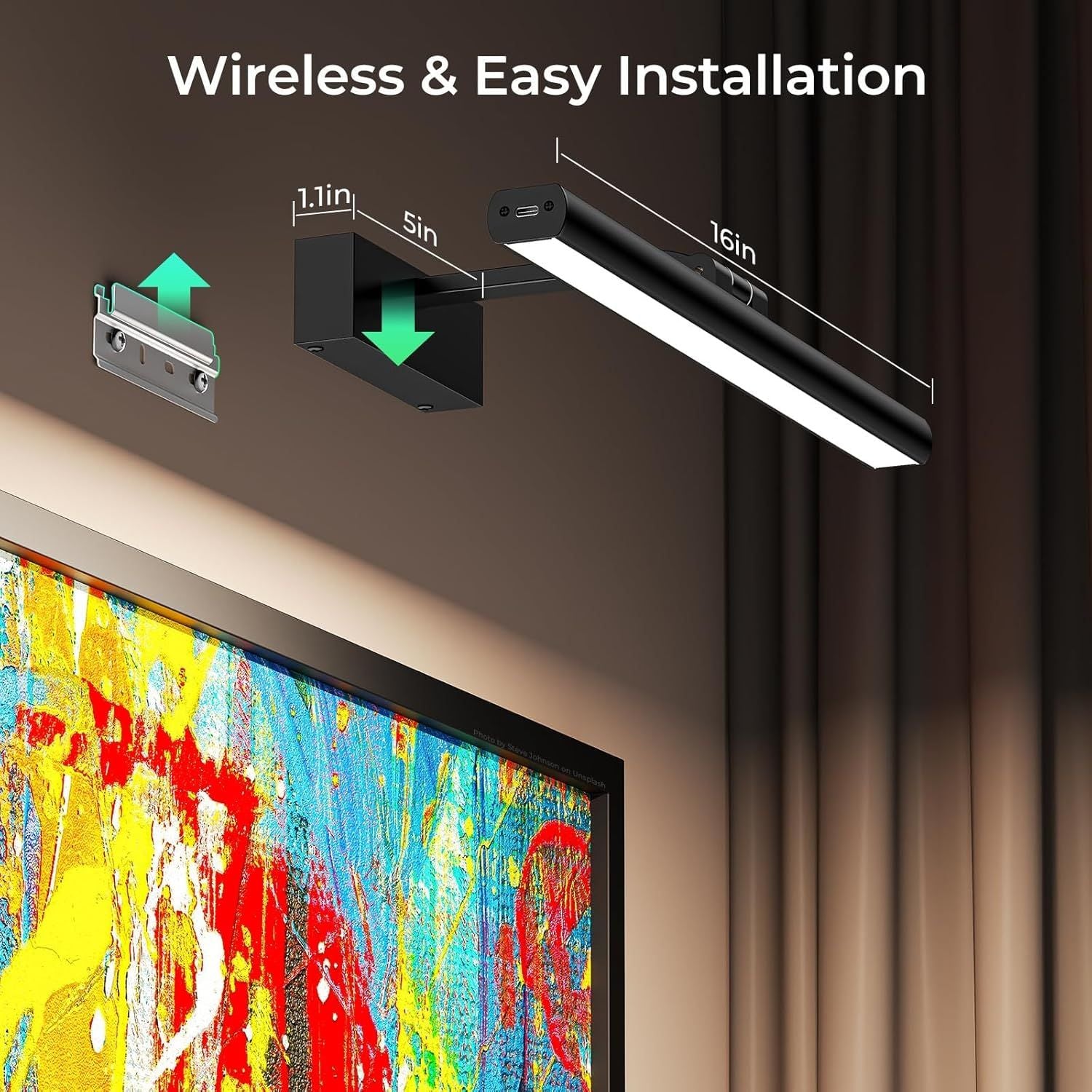 Wireless Rechargeable Picture Light 16inch LED Wall Art Lamp Remote Black
