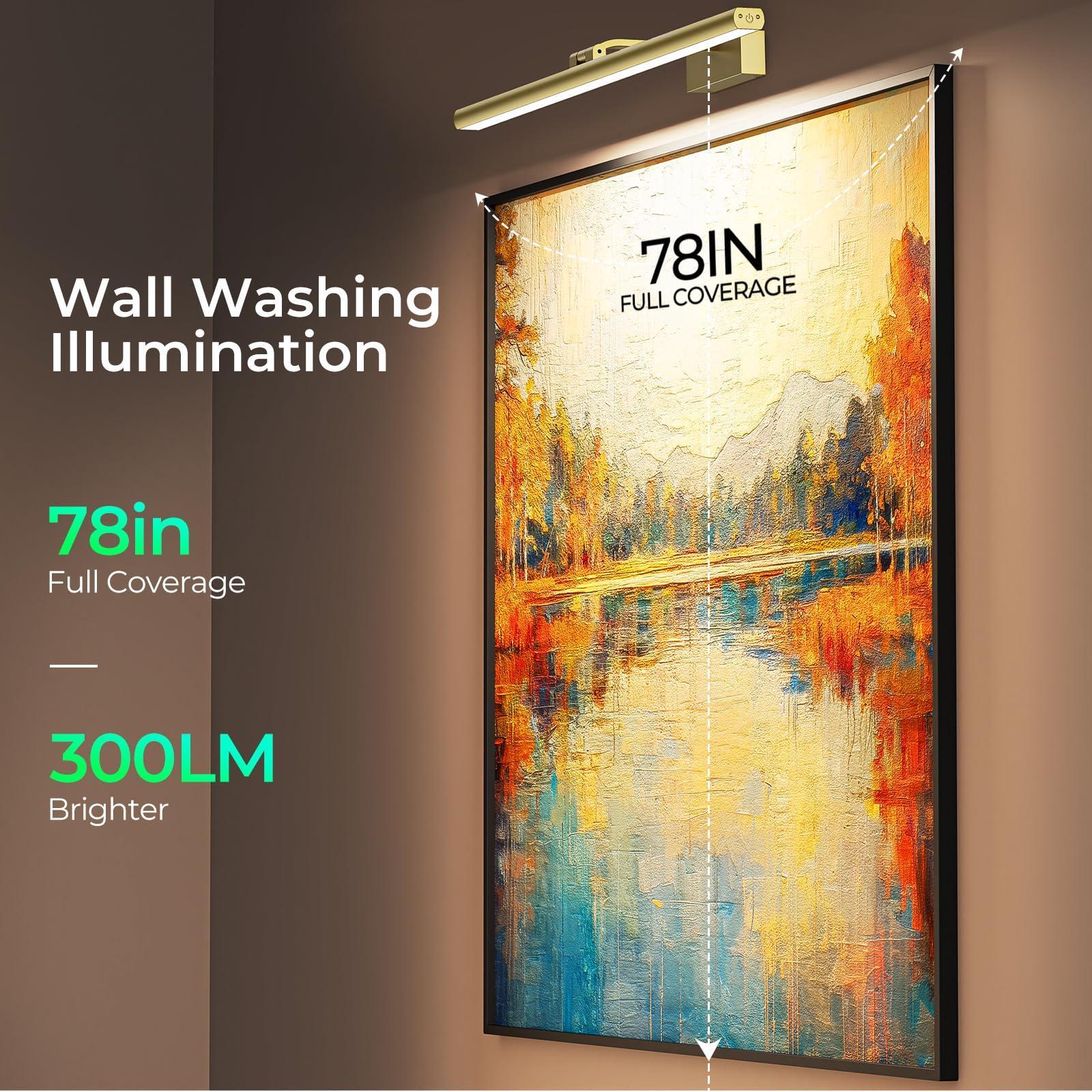 Wireless Picture Lights for Wall, Battery Operated Wall Light for Painting Rechargeable CCT Rotatable Art Gallery Light with Remote Dimmable Timer for Artwork Frame Display Dartboard (Gold, 24inch)