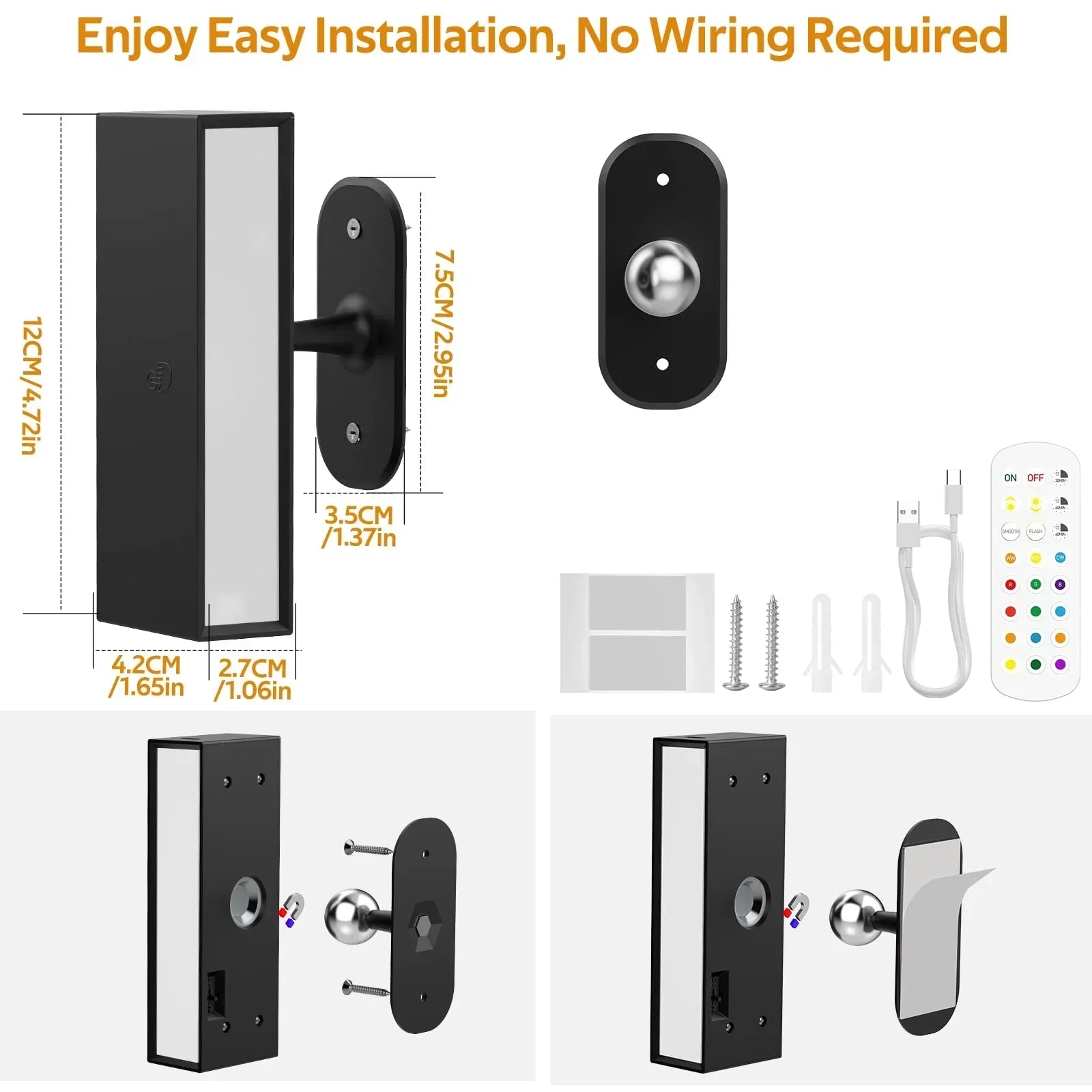 LED Wall Lights 2 Pack with Remote,Wall Sconces Lamp 3000mAh Rechargeable Battery Operated,3 Color Temperatures & 12 RGB Dimmable Magnetic 360° Rotation Cordless Light (Black)