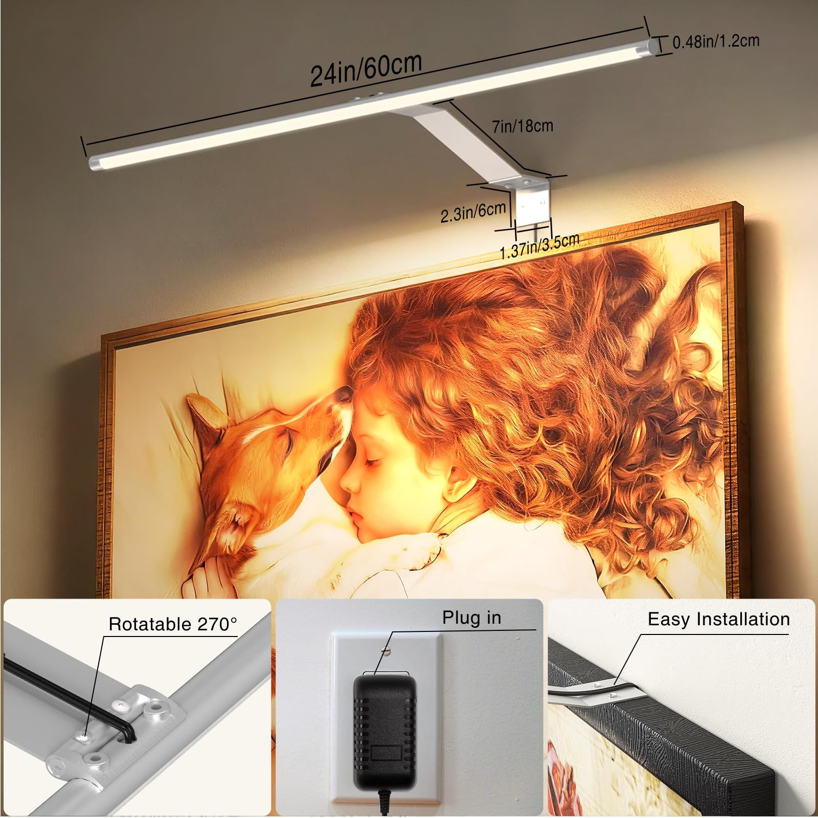 Picture Light for Wall Plug in 24inch, Dimmable LED Art Photo Light with Remote, 3000K Warm White Wall Lights with On/Off Switch Display for Picture, Gallery, Painting, Frame (Silver)