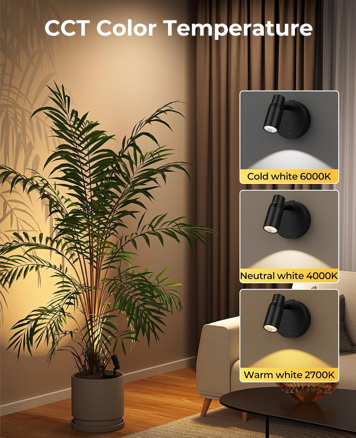 Zoomable Spot Lights Indoor, Rechargeable Picture Light with Remote, Dimmable CCT Spotlight for Wall Art, 6000mAh Uplights with Timer for Plant Artwork Painting Sofa Corner Black 2Pack
