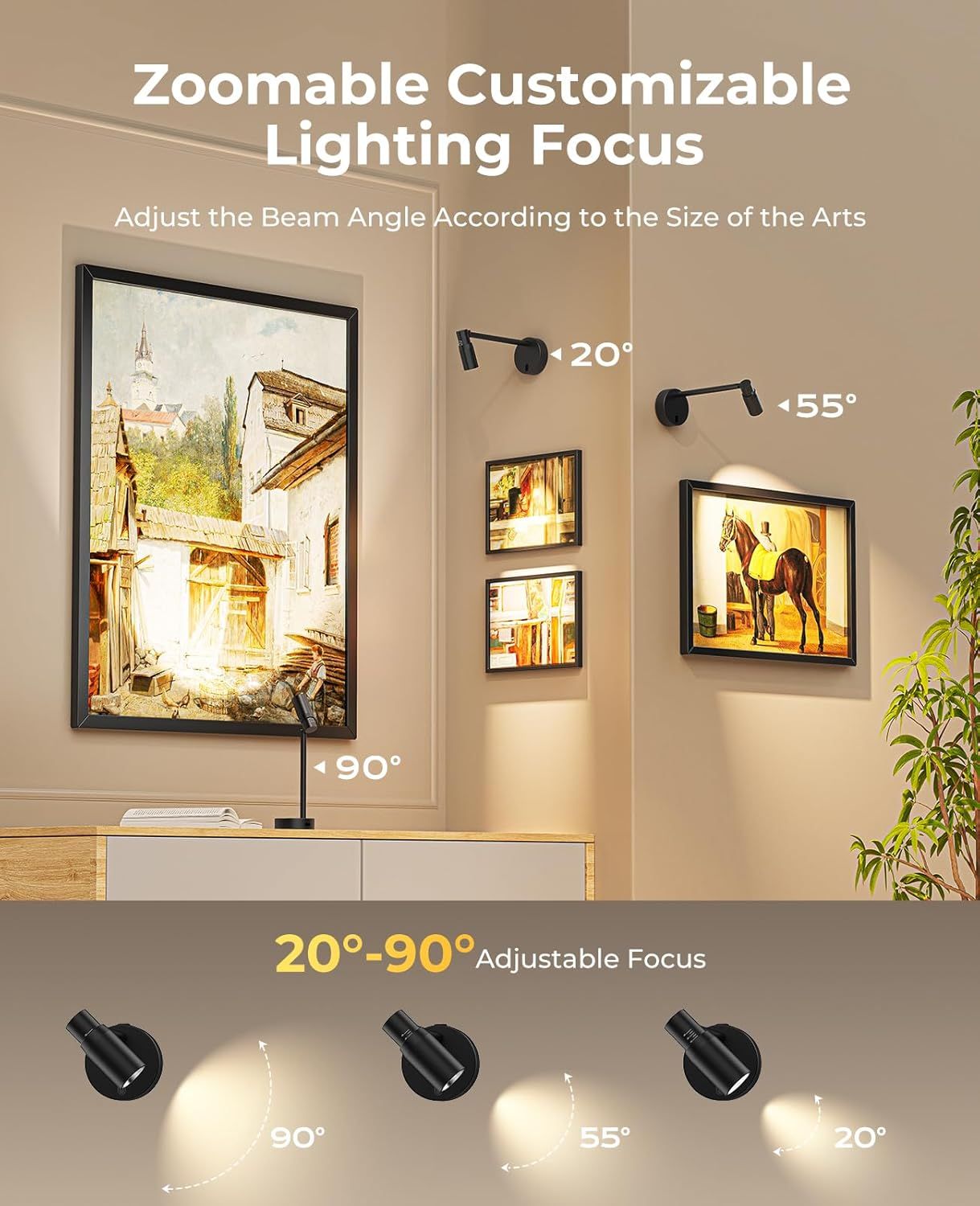 Zoomable Picture Light for Wall, Battery Operated Art Light for Paintings CCT Dimmable Spotlight for Wall Art Wall Light with Remote Control for Living Room Gallery Dartboard Bathroom 2PCS