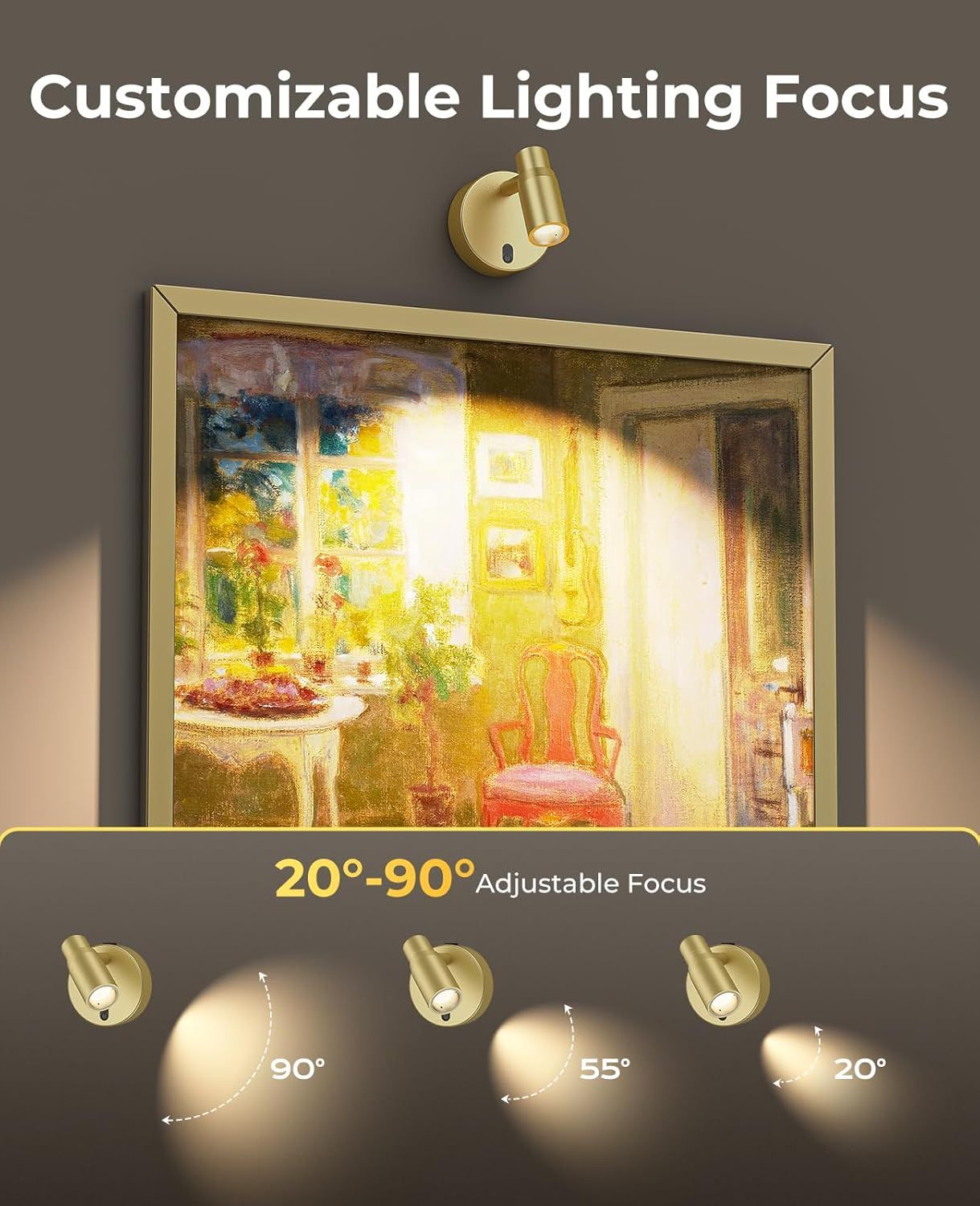 Spot Lights Indoor, Rechargeable Picture Light with Remote, Dimmable CCT Spotlight for Wall Art, 6000mAh Battery Uplights Indoor with Timer for Plant Artwork Painting Sofa Corner Light Gold