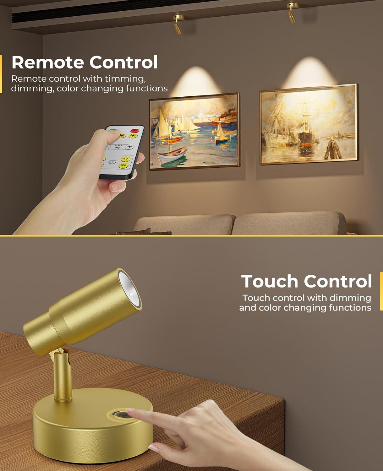 Spot Lights Indoor, Rechargeable Picture Light with Remote, Dimmable CCT Spotlight for Wall Art, 6000mAh Battery Uplights Indoor with Timer for Plant Artwork Painting Sofa Corner Light Gold
