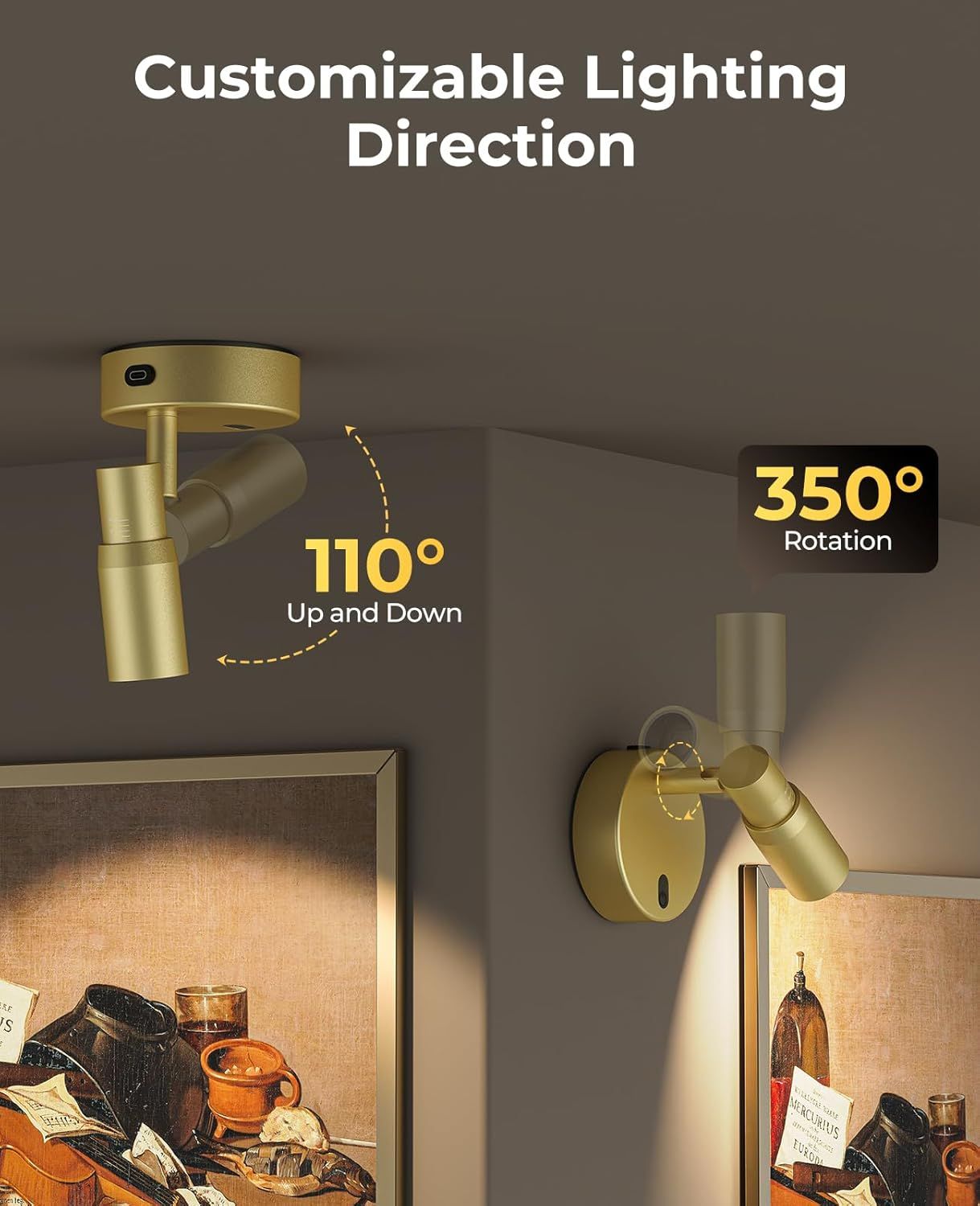 Spot Lights Indoor, Rechargeable Picture Light with Remote, Dimmable CCT Spotlight for Wall Art, 6000mAh Battery Uplights Indoor with Timer for Plant Artwork Painting Sofa Corner Light Gold