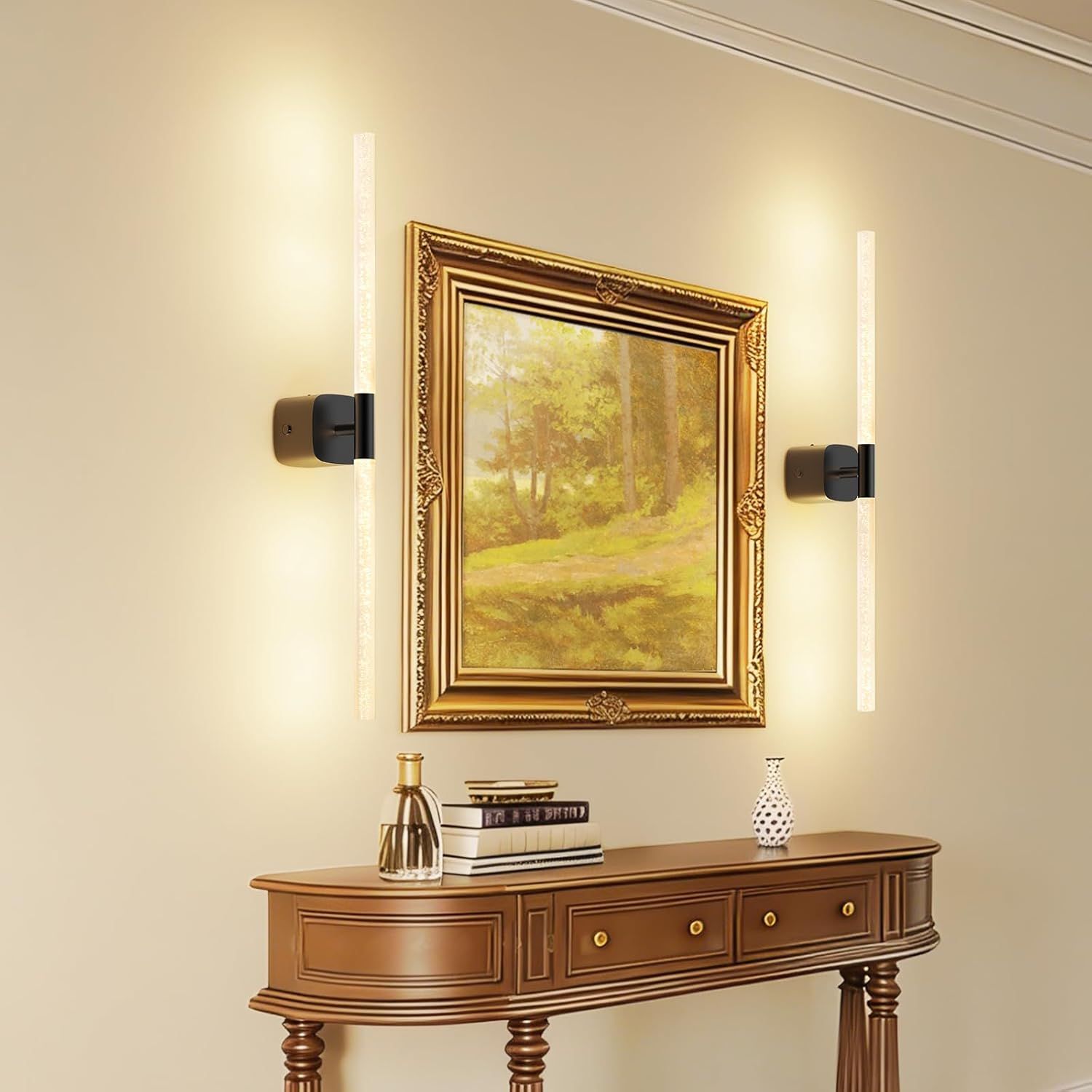 Black Battery Operated Wall Sconce Set of 2, Rechargeable Wireless Wall Lights with Remote and Touch, 360° Rotatable Sconces Wall Decor for Bedroom Living Room (23.62 Inch, 2-Pack)