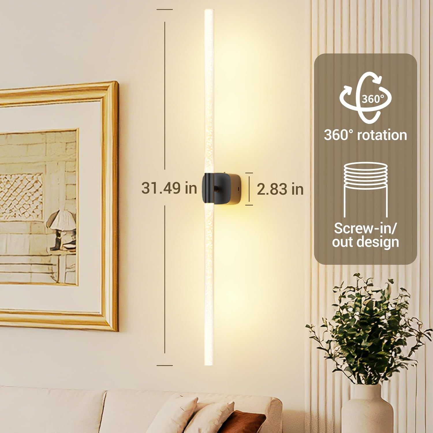 Black Battery Operated Wall Sconce Set of 2, Rechargeable Wireless Wall Lights with Remote and Touch, 360° Rotatable Sconces Wall Decor for Bedroom Living Room (31.49 Inch, 2-Pack)