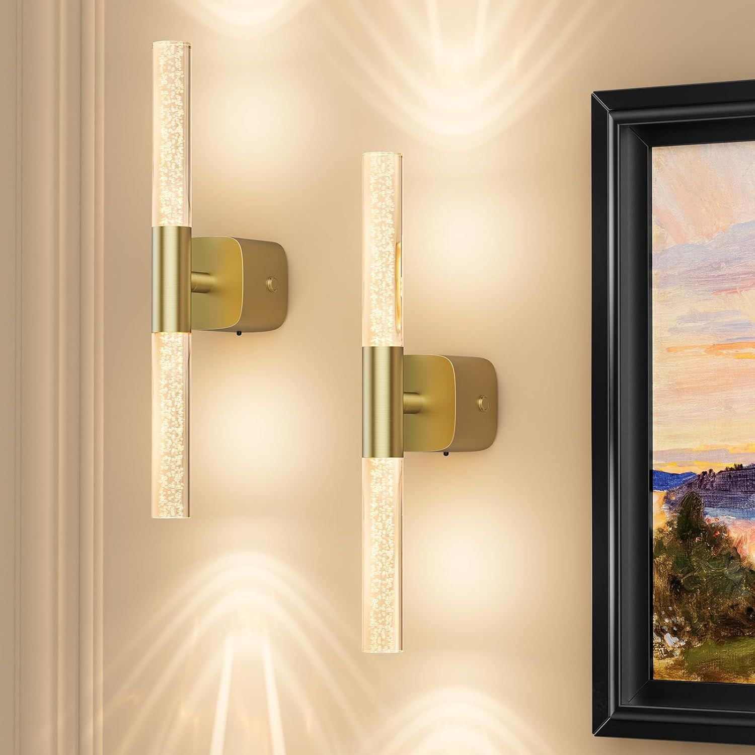 Battery Operated Wall Sconce Set of 2 Rechargeable Battery Powered Wall Light with 12000mAh Wireless Dimmable Wall Lamp Fixtures for Bedroom Living Room (Brushed Gold, 16