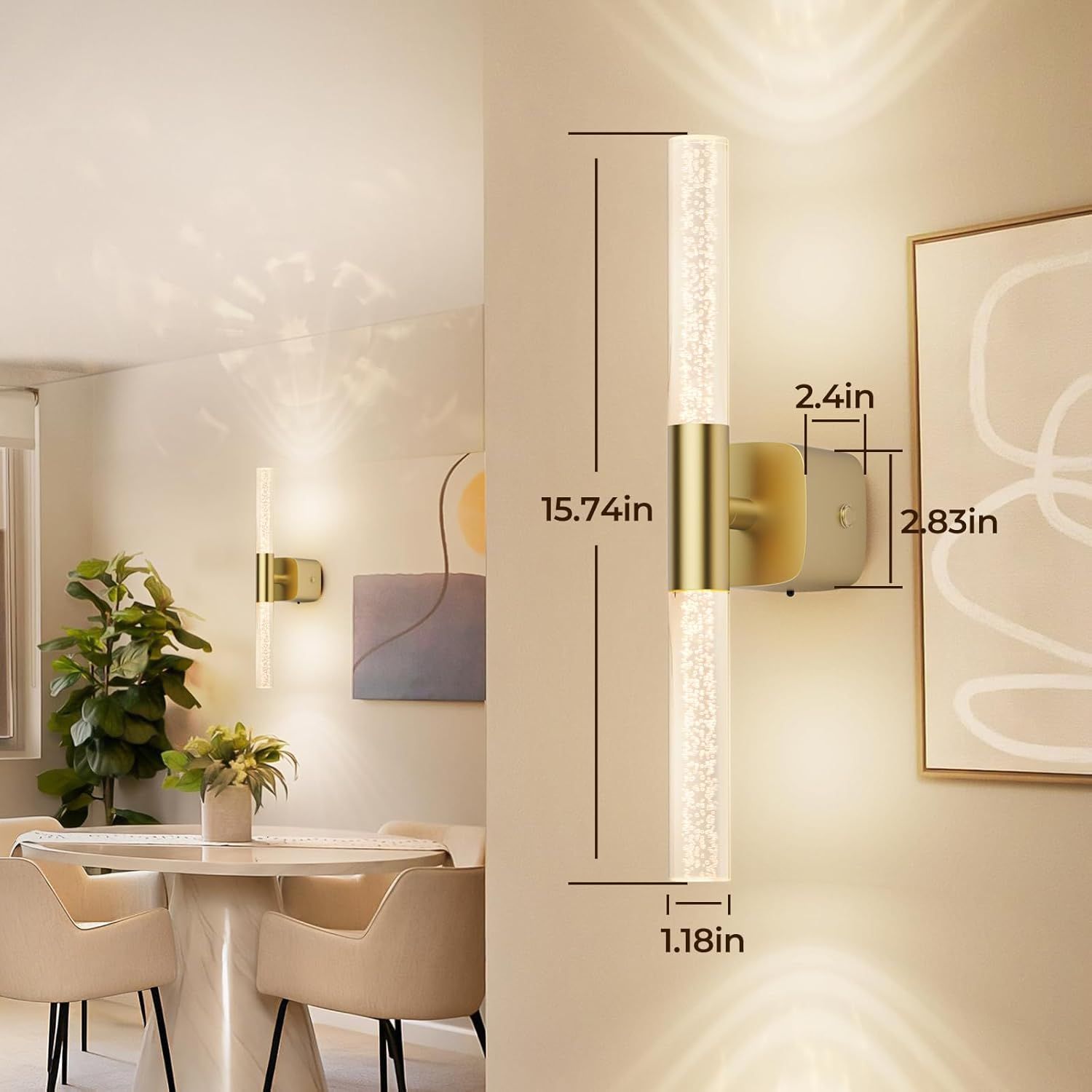 Battery Operated Wall Sconce Set of 2 Rechargeable Battery Powered Wall Light with 12000mAh Wireless Dimmable Wall Lamp Fixtures for Bedroom Living Room (Brushed Gold, 16